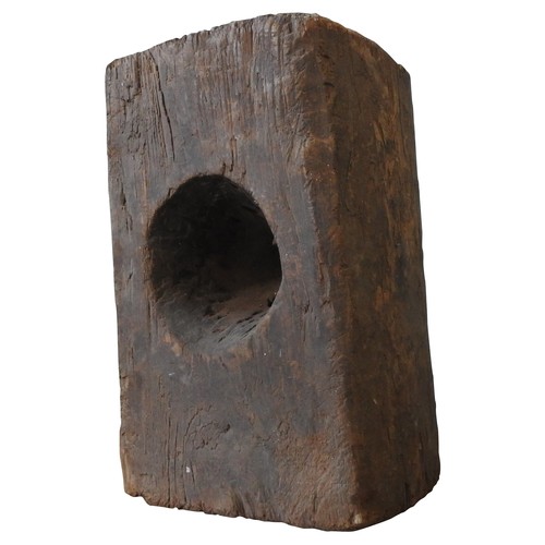 607 - INDONESIAN WOODEN BLOCK MORTAR with singular circular aperture57 H x 30 W x 35 D cms