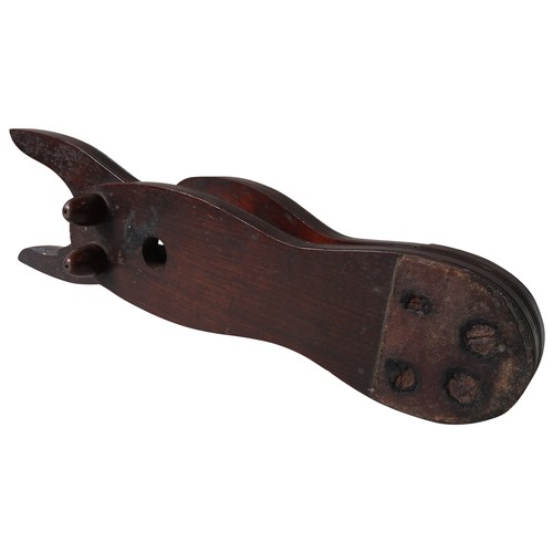 451 - AN INTERESTING 19TH CENTURY MECHANICAL MAHOGANY BOOT JACK , the leather covered foot pad operating a... 