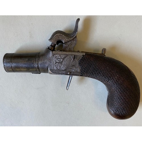 103 - A SHORT BARRELED PERCUSSION PISTOL MARKED COLLINS LONDON with turn-off barrel, drop down trigger and... 