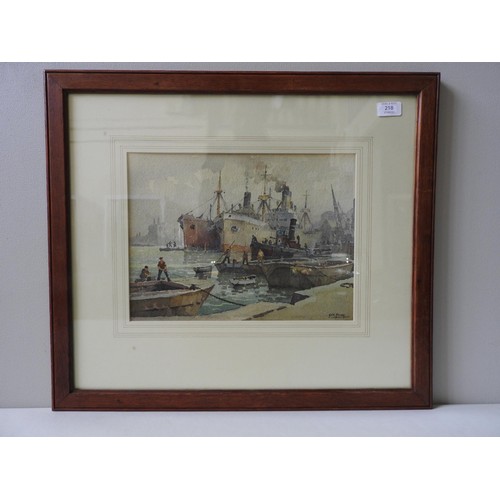 218 - GEORGE AYLING, DOCKSIDE SCENE OF WORKERS AND SHIPS Watercolour, signed and framed.27 x 36 cmsPROVENA... 