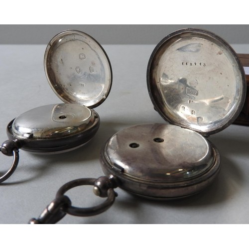 389 - A SILVER POCKET WATCH WITH SILVER WATCH CHAIN AND SWIVEL and another silver pocket watch with a watc... 