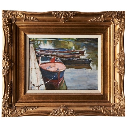 253 - BUKMEHKO? CONTINENTAL SCHOOL, BOATS MOORED ON A RIVERSIDE JETTY, oil on board, signed.24 x 31 cmsPRO... 