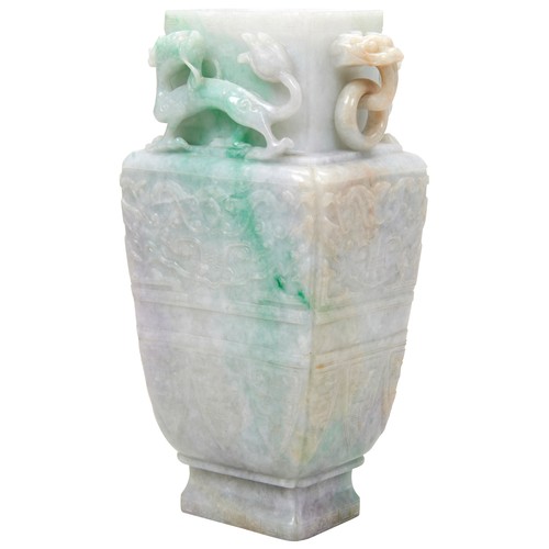 336 - GOOD JADEITE ARCHAISTIC VASE AND COVER LATE QING / REPUBLIC PERIODthe sides carved in low relief wit... 