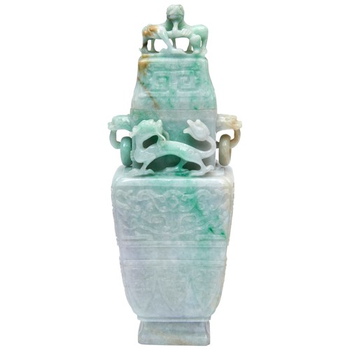 336 - GOOD JADEITE ARCHAISTIC VASE AND COVER LATE QING / REPUBLIC PERIODthe sides carved in low relief wit... 