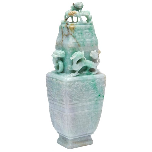 336 - GOOD JADEITE ARCHAISTIC VASE AND COVER LATE QING / REPUBLIC PERIODthe sides carved in low relief wit... 