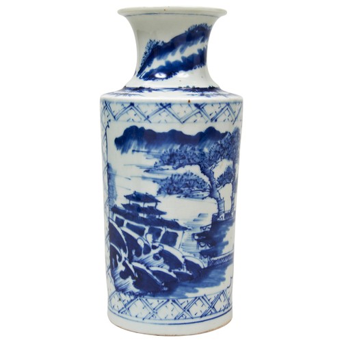 136 - BLUE AND WHITE 'LANDSCAPES' VASELATE QING DYNASTYthe cylindrical sides painted with opposing panels ... 