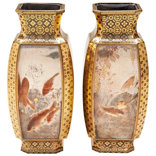 479 - EXCEPTIONAL PAIR OF DAMASCENE BRONZE AND SILVER VASES BY KASHIMA IPPU (1828-1900)of square baluster ... 