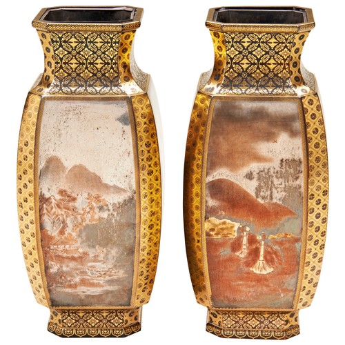 479 - EXCEPTIONAL PAIR OF DAMASCENE BRONZE AND SILVER VASES BY KASHIMA IPPU (1828-1900)of square baluster ... 