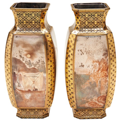 479 - EXCEPTIONAL PAIR OF DAMASCENE BRONZE AND SILVER VASES BY KASHIMA IPPU (1828-1900)of square baluster ... 