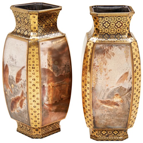 479 - EXCEPTIONAL PAIR OF DAMASCENE BRONZE AND SILVER VASES BY KASHIMA IPPU (1828-1900)of square baluster ... 