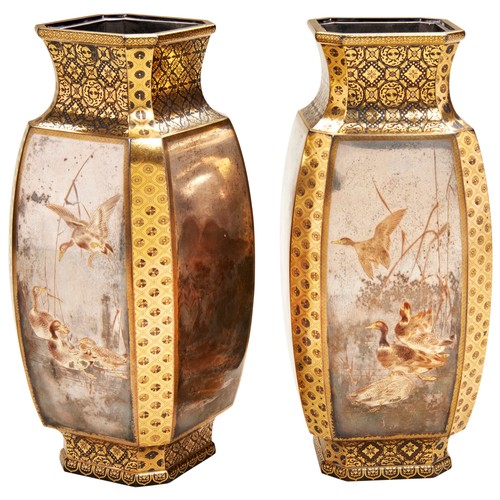 479 - EXCEPTIONAL PAIR OF DAMASCENE BRONZE AND SILVER VASES BY KASHIMA IPPU (1828-1900)of square baluster ... 