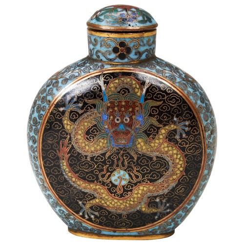 298 - FINE CLOISONNE 'DRAGON' SNUFF BOTTLE AND STOPPERLATE QING / EARLY REPUBLIC PERIODeach sides finely d... 