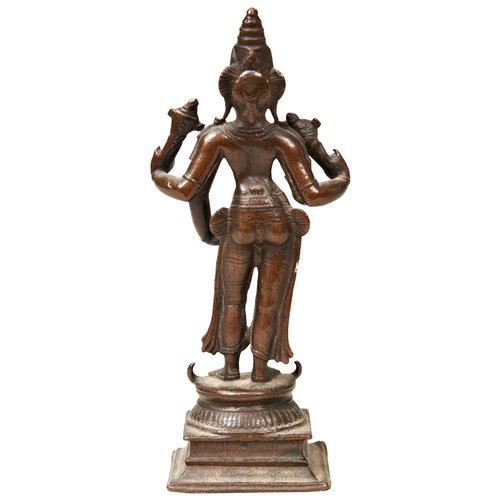 497 - A FINE SMALL BRONZE OF PARVATI STANDING, 17TH/18TH CENTURY,  depicted with four arms and attributes ... 