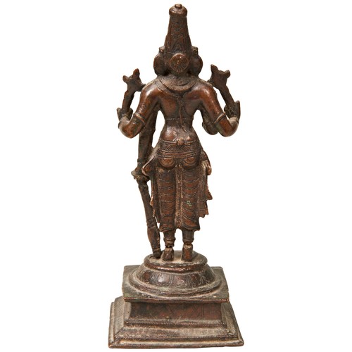 500 - A STANDING BRONZE VISHNU, INDIAN, 15TH-16TH CENTURY, portrayed with the attributes that symbolise hi... 