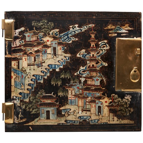 404 - FOUR PAIRS OF CHINESE LACQUER DOOR PANELSQING DYNASTY, 18TH CENTURYeach decorated with figures and p... 