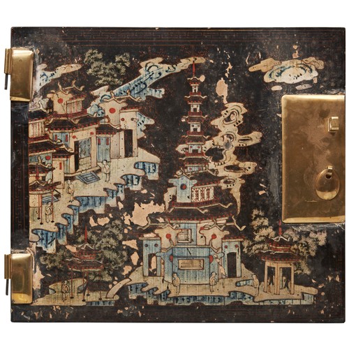 404 - FOUR PAIRS OF CHINESE LACQUER DOOR PANELSQING DYNASTY, 18TH CENTURYeach decorated with figures and p... 