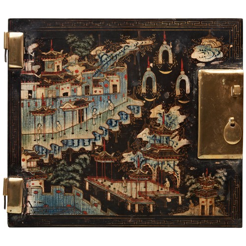 404 - FOUR PAIRS OF CHINESE LACQUER DOOR PANELSQING DYNASTY, 18TH CENTURYeach decorated with figures and p... 