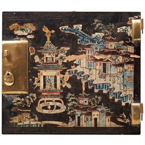 404 - FOUR PAIRS OF CHINESE LACQUER DOOR PANELSQING DYNASTY, 18TH CENTURYeach decorated with figures and p... 