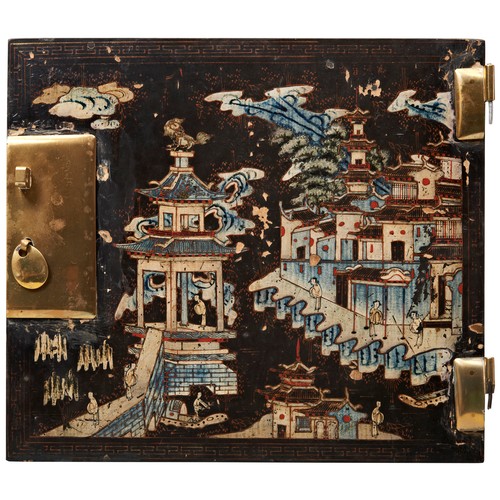 404 - FOUR PAIRS OF CHINESE LACQUER DOOR PANELSQING DYNASTY, 18TH CENTURYeach decorated with figures and p... 