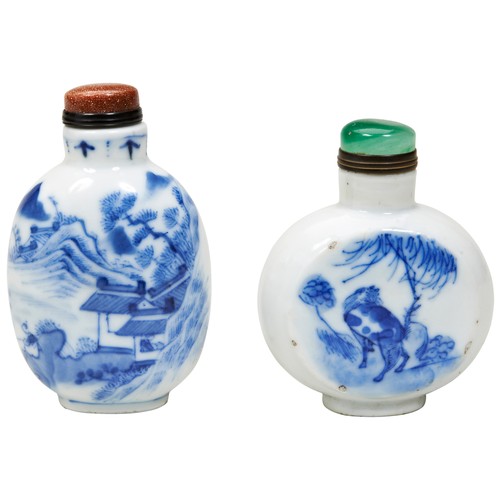 310 - BLUE AND WHITE 'LANDSCAPE' SNUFF BOTTLEQING DYNASTY, 19TH CENTURY with an apocryphal Qianlong charac... 