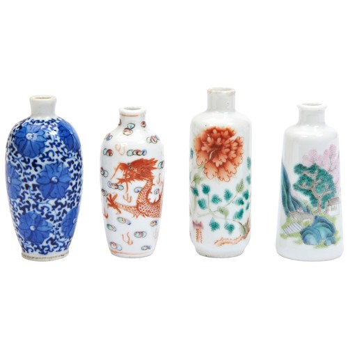 329 - FOUR CHINESE PORCELAIN SNUFF BOTTLESQING DYNASTY, 19TH CENTURYincluding one with an iron-red five-cl... 