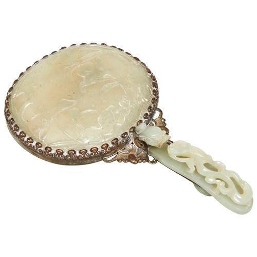 350 - CARVED WHITE AND CELADON-JADE MOUNTED HAND MIRRORQING DYNASTY, 19TH CENTURYTHE handle is a pale gree... 