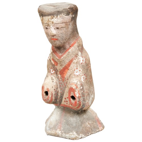 37 - PAINTED POTTERY FIGURE OF A SLEEVE DANCERHAN DYNASTY (206BC-220AD)modelled kneeling wearing a long f... 