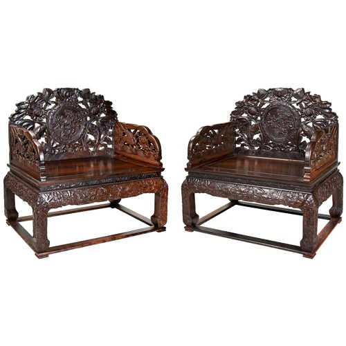 IMPRESSIVE PAIR OF CARVED ZITAN THRONE CHAIRS