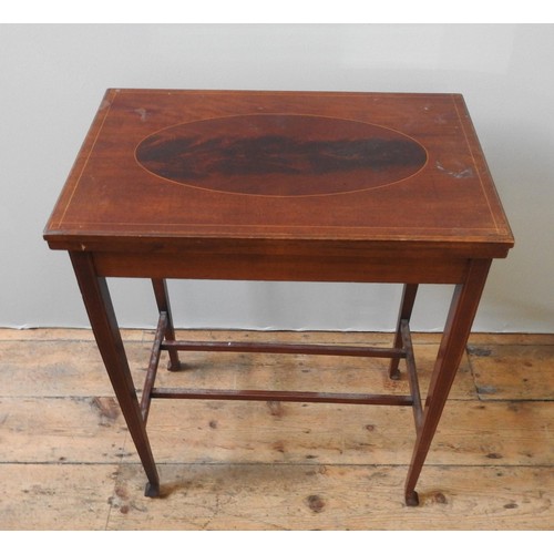 18 - A LATE 19TH CENTURY MAHOGANY INLAID CARD TABLE, the swivel action folding top opens to reveal a baiz... 