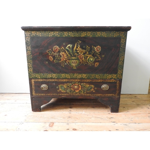 23 - A 19TH CENTURY PAINTED PINE MULE CHEST, with a single long frieze drawer and ornate floral painted f... 