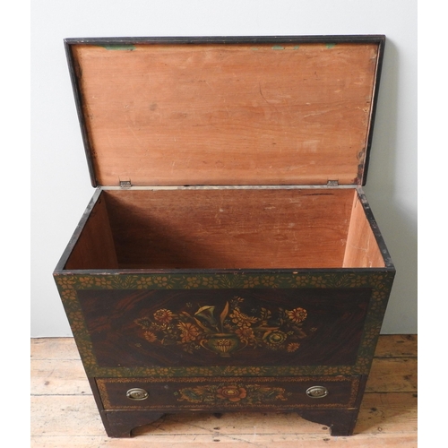 23 - A 19TH CENTURY PAINTED PINE MULE CHEST, with a single long frieze drawer and ornate floral painted f... 
