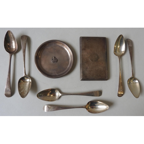 342 - A SET OF SIX GEORIGIAN SILVER TEASPOONS, A SILVER COASTER AND BOX LID, the teaspoons circa 1818, tot... 