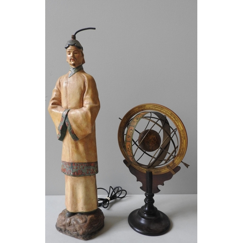 113 - A VINTAGE PAINTED CHALK TABLE LAMP IN THE FORM OF A CHINESE ATTENDANT, along with a 20th century orn... 