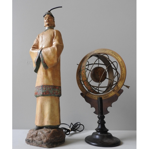 113 - A VINTAGE PAINTED CHALK TABLE LAMP IN THE FORM OF A CHINESE ATTENDANT, along with a 20th century orn... 