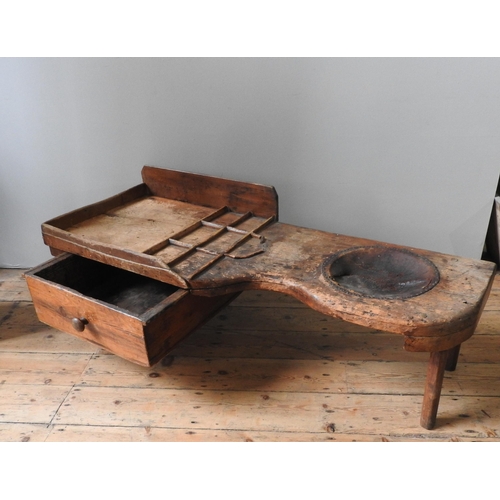 26 - A 19TH CENTURY AMERICAN PINE PRIMITIVE COBBLER'S BENCH, with galleried sides, single frieze drawer a... 