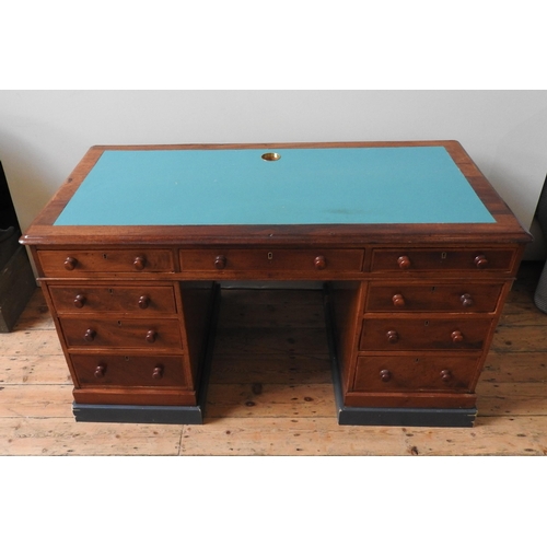 28 - A 19TH CENTURY MAHOGANY KNEEHOLE WRITING DESK, the top section comprising of three frieze drawers, s... 