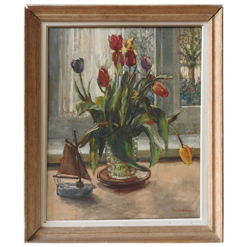 251 - PIETER JAN LE CLERCQ (1891-1964) STILL LIFE OIL ON BOARD OF TULIPS WITH TOY BOAT, signed in bottom r... 