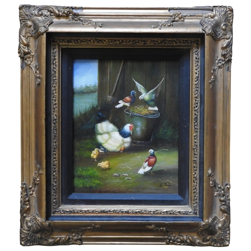 252 - A CONTEMPORARY OIL PAINTING ON PANEL OF CHICKEN AND BIRDS, 43 x 38 cm inc frame