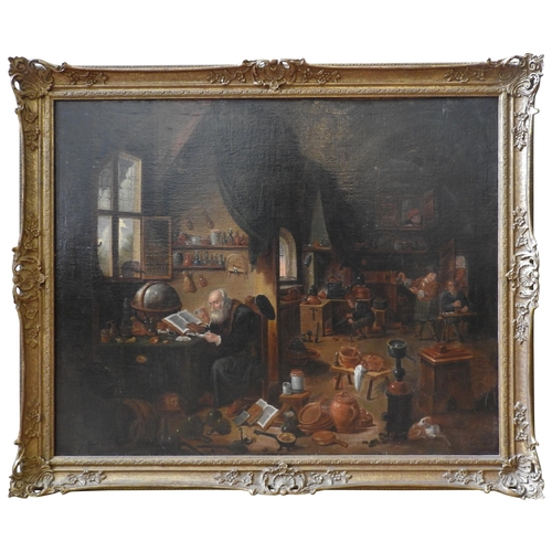 285 - SCHOOL OF TENIERS THE YOUNGER (1610-1690) AN ALCHEMIST IN HIS WORKSHOP. The painting measures 36 inc... 