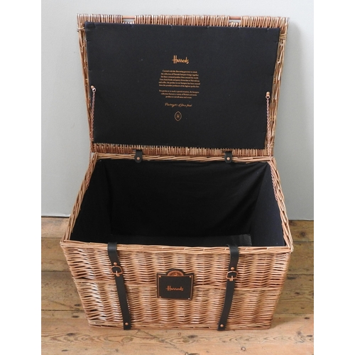 97 - A HARRODS WICKER HAMPER, with material lined interior, leather strap buckle fasteners and label, 43 ... 