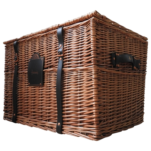 97 - A HARRODS WICKER HAMPER, with material lined interior, leather strap buckle fasteners and label, 43 ... 