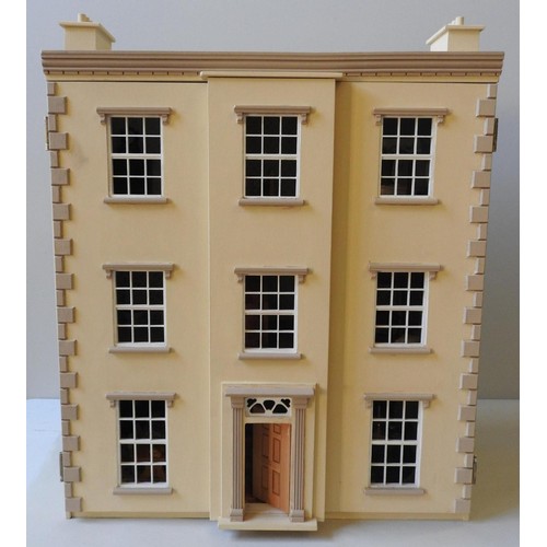 311 - A PAINTED GEORGIAN STYLE DOLL'S HOUSE, with dolls, furniture and sundries, the house measures 80 x 6... 