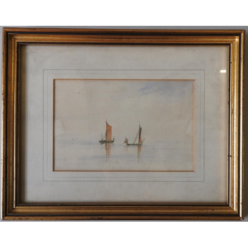 253 - A SERIES OF FIVE SMALL MARITIME WATER COLOURS, depicting tall ships and barges, 7.5 x 16 cm and simi... 