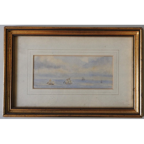 253 - A SERIES OF FIVE SMALL MARITIME WATER COLOURS, depicting tall ships and barges, 7.5 x 16 cm and simi... 