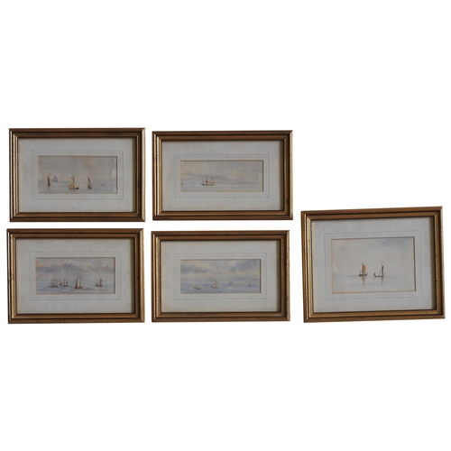 253 - A SERIES OF FIVE SMALL MARITIME WATER COLOURS, depicting tall ships and barges, 7.5 x 16 cm and simi... 