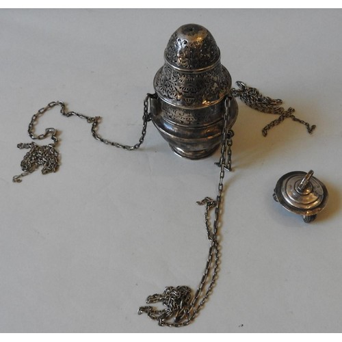 362 - A RARE QUEEN ANNE SILVER ECCLESIASTICAL THURIBLE, of baluster caster form with ornate pierced cover ... 