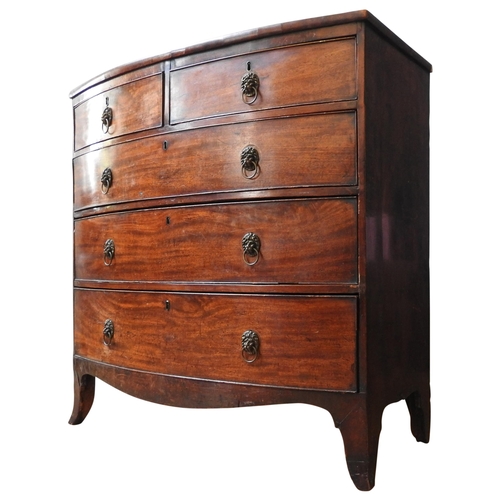 39 - A GEORGE III MAHOGANY BOW FRONT CHEST OF DRAWERS, two short drawers over three long drawers, on spla... 