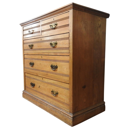 40 - A 19TH CENTURY ASH CHEST OF DRAWERS, two short drawers over three long drawers with horizontal linea... 
