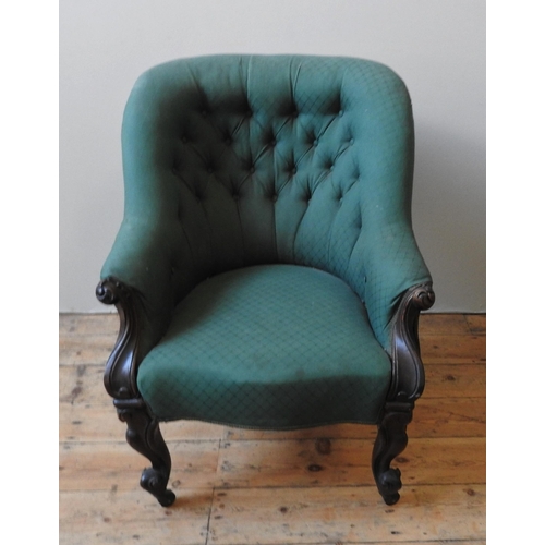 49 - A 19TH CENTURY MAHOGANY NURSING CHAIR, with green button back upholstery, 92 x 73 x 83 cm