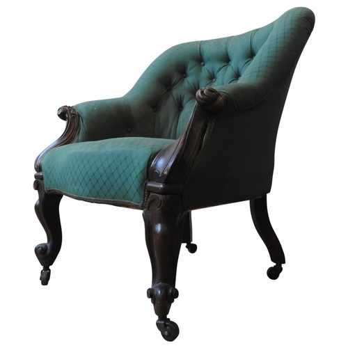 49 - A 19TH CENTURY MAHOGANY NURSING CHAIR, with green button back upholstery, 92 x 73 x 83 cm